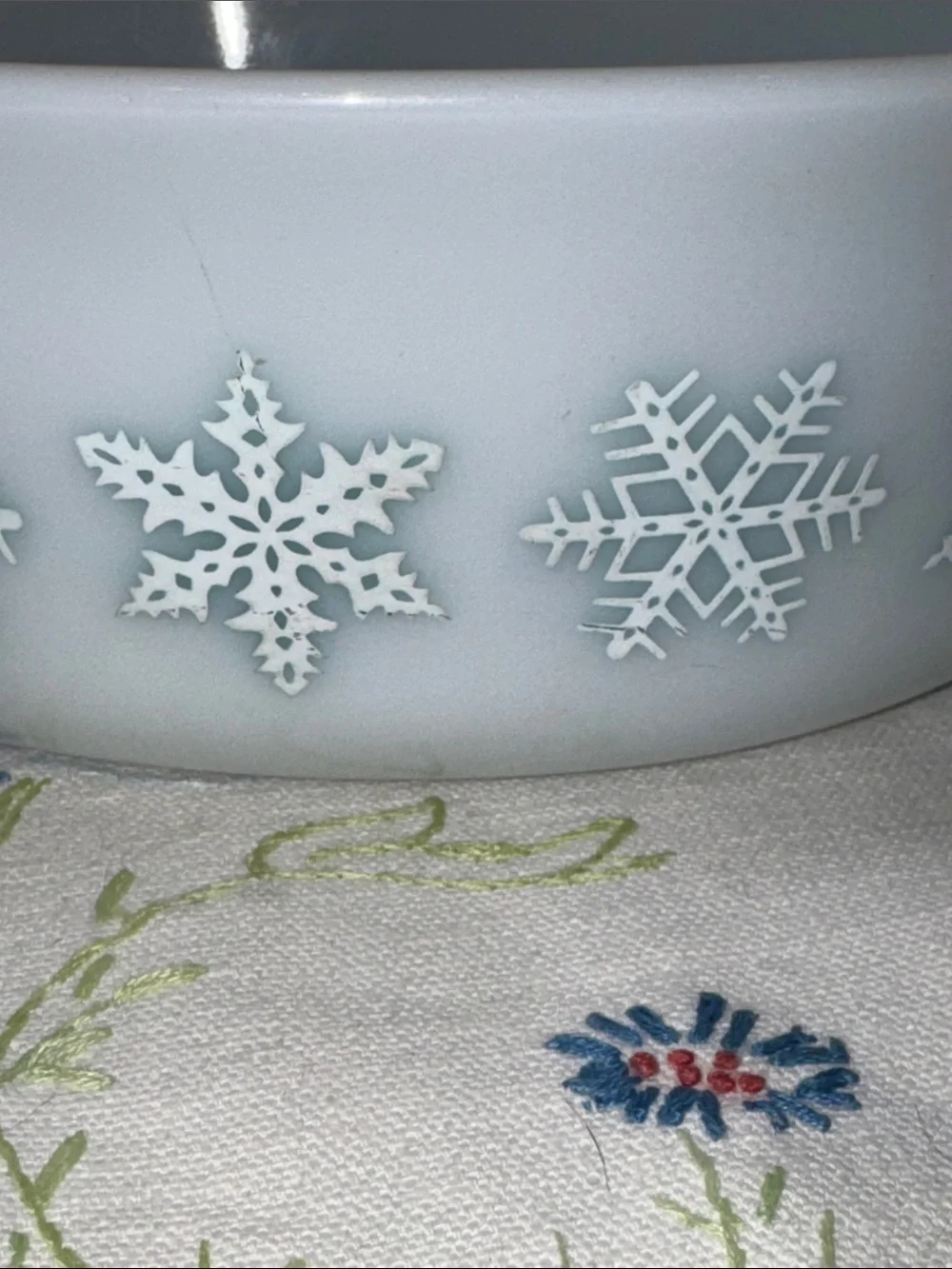 Pyrex White Casserole Dish with Light Blue Snowflake Pattern